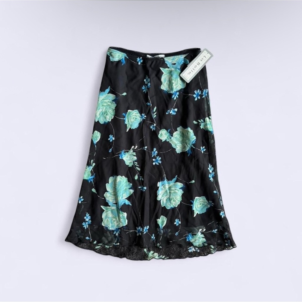 90s La Belle Chiffon Floral Skirt NWT Black Teal XS Made in USA